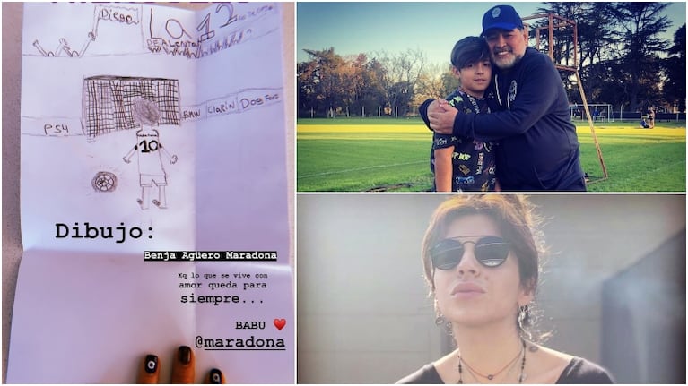 El significativo dibujo de Benjamín Agüero a Maradona (Fotos: Captura de Instagram Stories e Instagram)