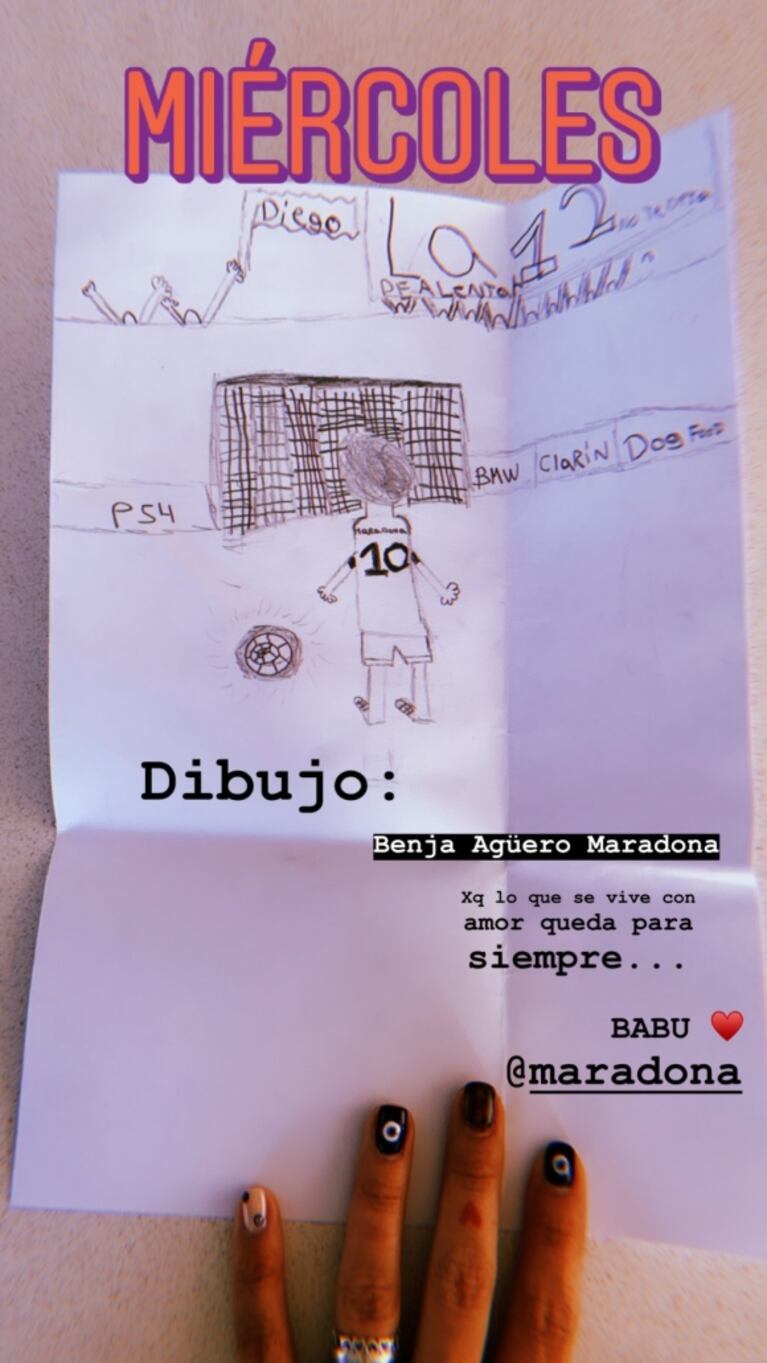 El significativo dibujo de Benjamín Agüero para su abuelo Diego Maradona: "Lo que se vive con amor, queda por siempre"
