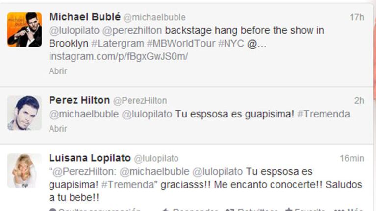 El simpático intercambio de tweets entre Luisana, Michael y Perez (Foto: Captura).
