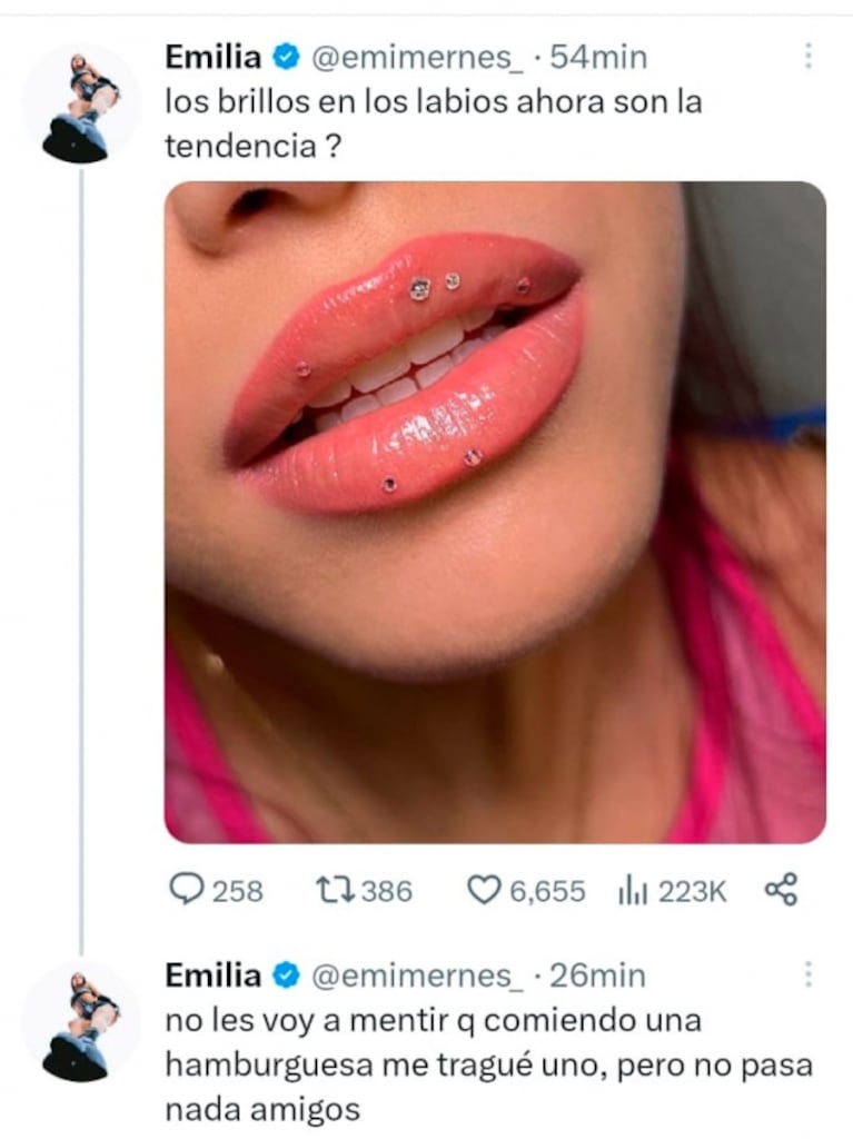 El sincericidio de Emilia Mernes tras ser tendencia por ponerse brillitos en los labios: "Me tragué uno comiendo una hamburguesa"