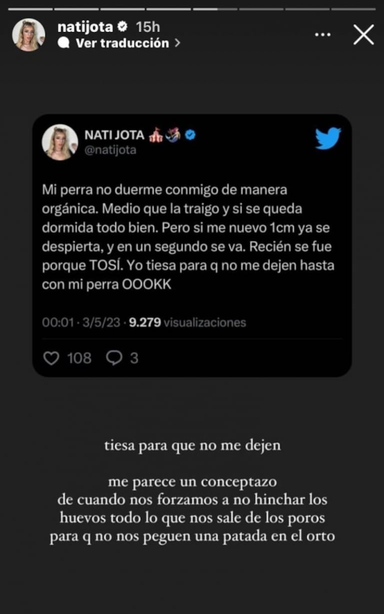 El sincericidio de Nati Jota sobre su situación sentimental: "Tiesa para que no me dejen, hasta con mi perra"