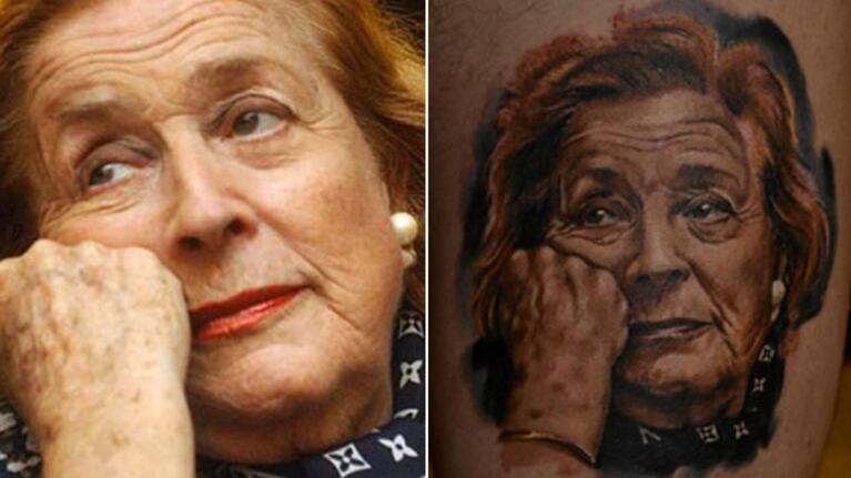 El tatuaje con la cara de China Zorrilla. (Fotos: Web y Twitter)