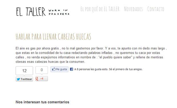 El texto en el blog de Gonzalo Heredia (Captura: www.eltallerproducciones.com)