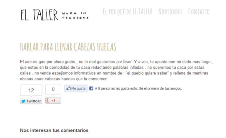 El texto en el blog de Gonzalo Heredia (Captura: www.eltallerproducciones.com)