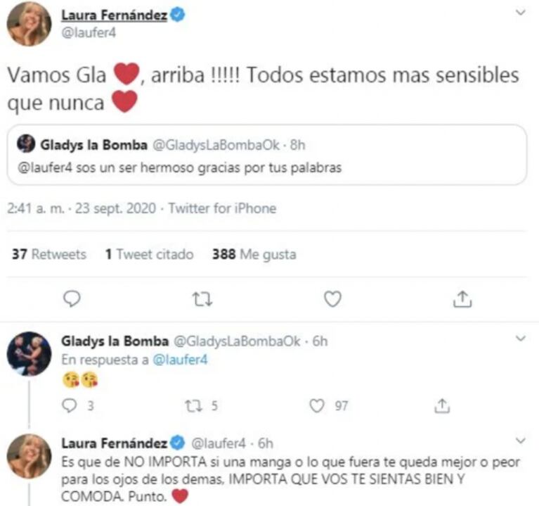 El tierno intercambio de mensajes entre Laurita Fernández y Gladys La Bomba Tucumana: "¡Vamos Gla, arriba!"