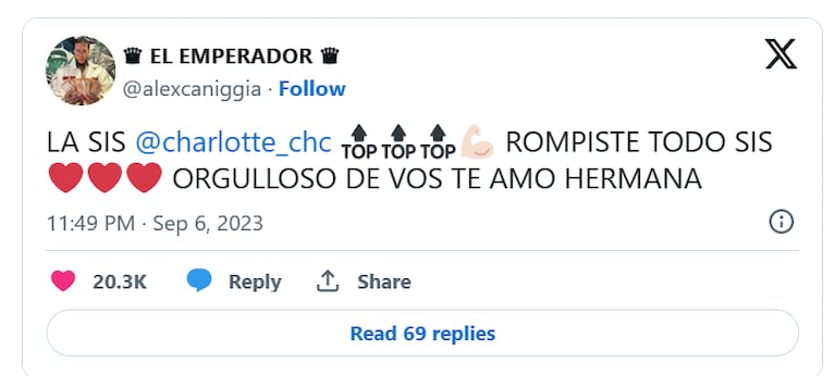 El tierno mensaje de Alex Caniggia a su hermana Charlotte
