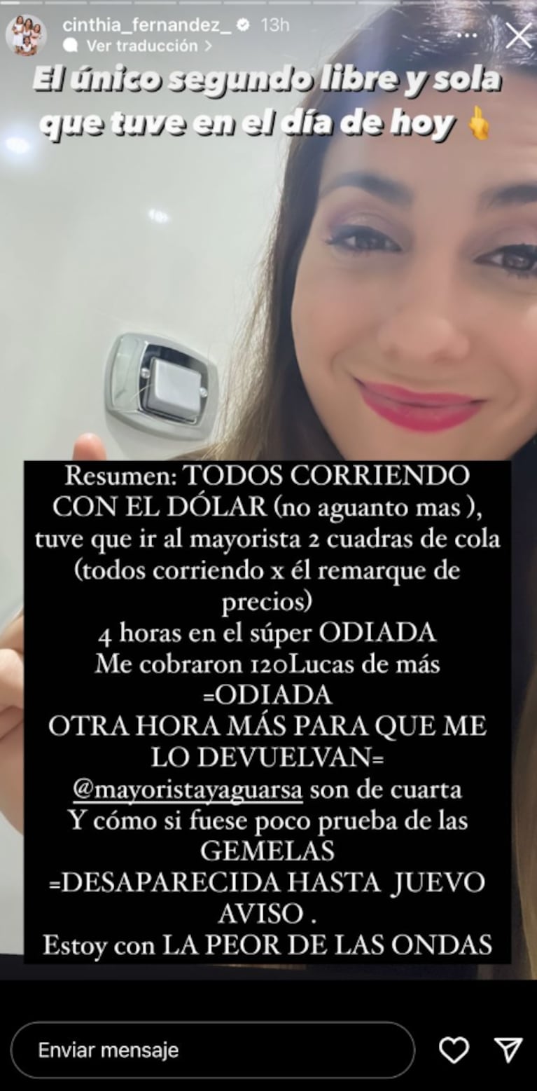 El tremendo enojo de Cinthia Fernández por los precios remarcados: “Me cobraron 120 lucas de más”