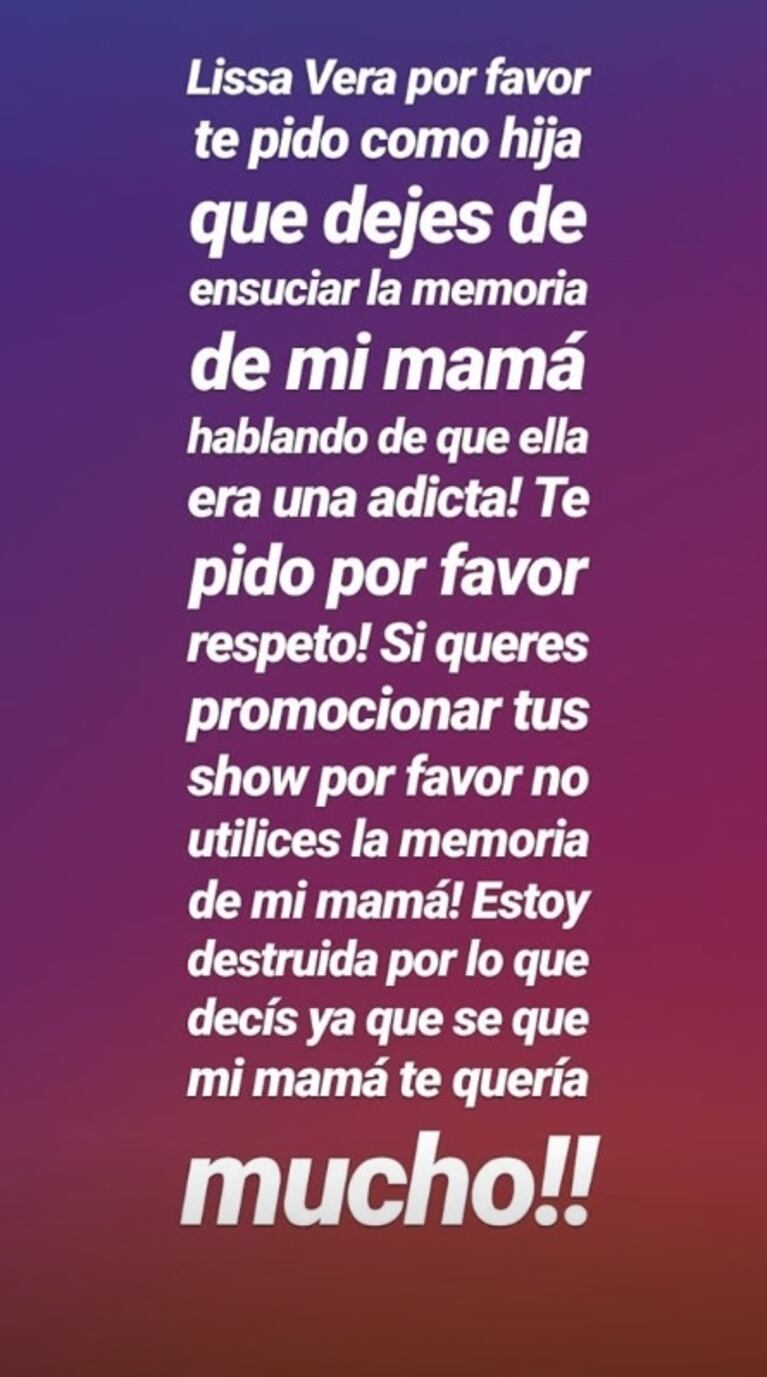 El tremendo mensaje de la hija de Natacha Jaitt a Lissa Vera: "Si querés promocionar tus shows, no utilices la memoria de mi mamá"