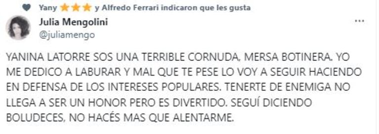 El tremendo tweets de Julia Mengolini a Yanina Latorre (Foto: Twitter / X)