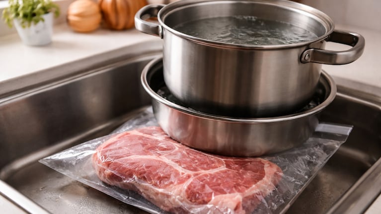 El truco de las dos ollas para descongelar carne sacada del freezer. Foto: IA (ChatGPT)