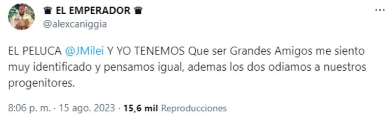 El tuit de Alex Caniggia con un pedido a Javier Milei. (Foto: Twitter / Alex Caniggia)