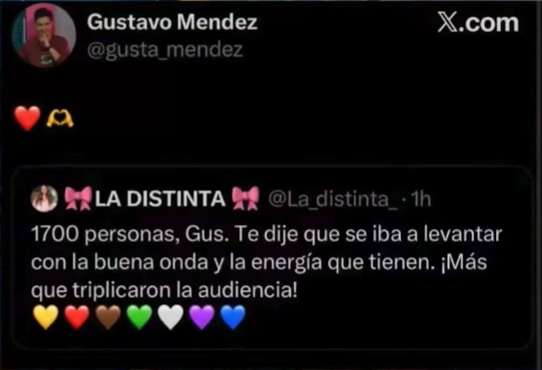 El tuit de la discordia entre Gustavo Méndez y Naiara Vecchio (Foto: X/ @gusta_mendez)