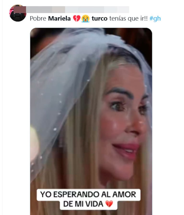 El Turco García plantó a Mariela Prieto vestida de novia y estallaron las redes (captura de X)