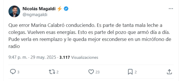 El tweer de Nicolás Magaldo sobre Marina Calabró (Fotos: X @ngmagaldi)