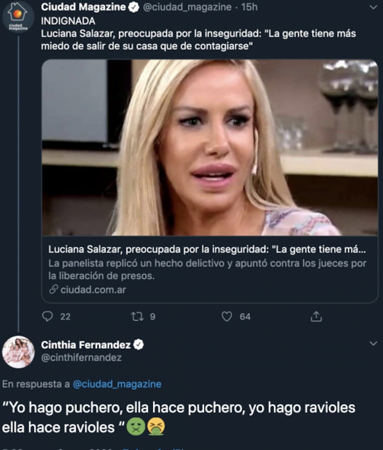 El tweet al hueso de Cinthia Fernández a Luciana Salazar por la inseguridad: "Yo hago puchero, ella hace puchero"