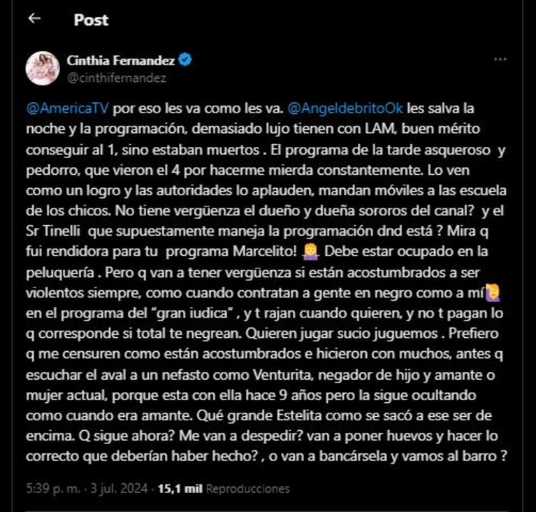 El tweet de Cinthia Fernández contra Luis Ventura (Foto: Twitter / X)
