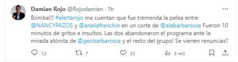 El tweet de Damián Rojo sobre el tremendo cruce entre Analía Franchín y Nancy Pazos (Foto: Twitter / x @rojodamian)