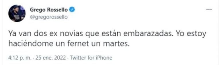 El tweet de Grego Rosello luego de que su ex, Stephanie Demner, confirmara su embarazo: "Yo estoy haciéndome un fernet un martes"