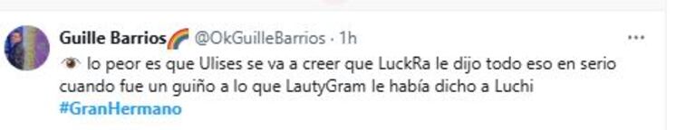 El tweet de Guille Barrios sobre la humorada de Luck Ra en Gran Hermano (Foto: Twitter/ X @okguille barrios)