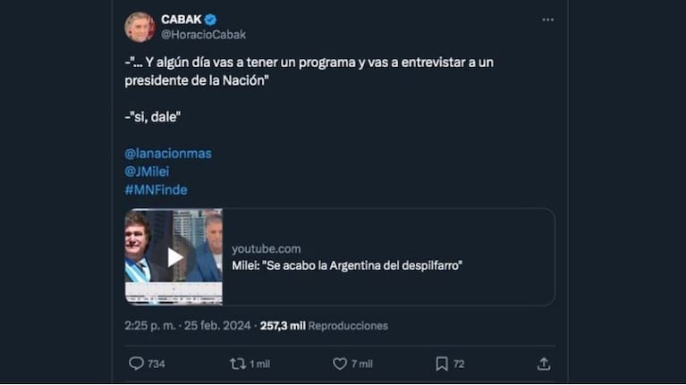 El tweet de Horacio Cabak con el que empezó el cruce con Diego Brancatelli.