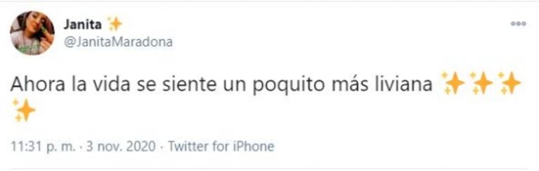 El tweet de Jana, a minutos del final de la cirugía a Diego Maradona: "La vida se siente un poquito más liviana"
