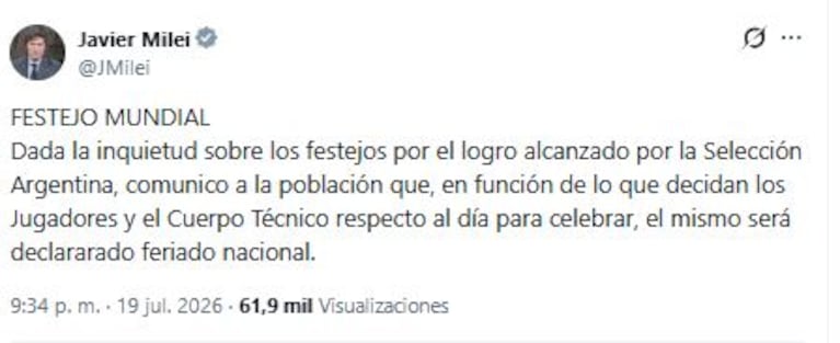 El tweet de Javier Milei tras el final del Mundial 2026 (Foto: captura X.com / @jmilei)