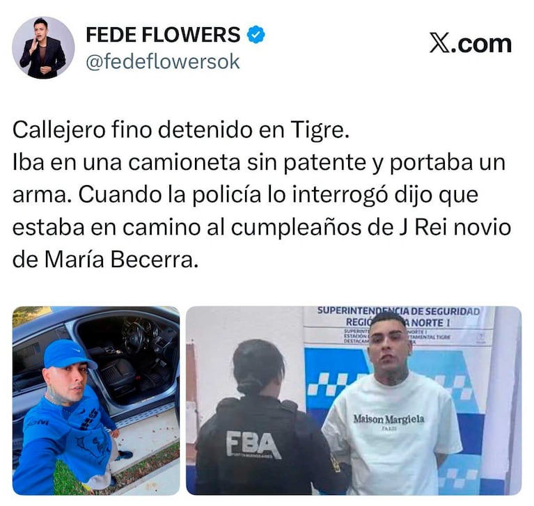 El tweet de la detención de Callejero Fino (Foto: captura X.com / @fedeflowersok)