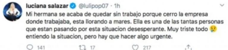 El tweet de Luciana Salazar muy preocupada, que después borró: "Mi hermana se acaba de quedar sin trabajo"