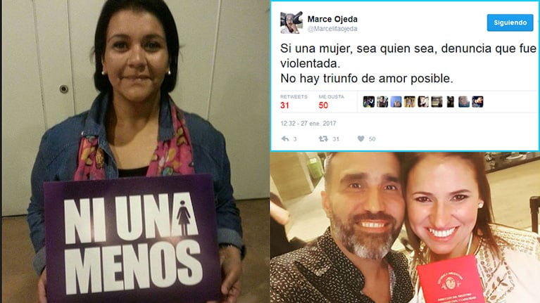 El tweet de Marcela Ojeda tras el casamiento de Fernanda Iglesias y Pablo Nieto. Fotos: Twitter y Web.
