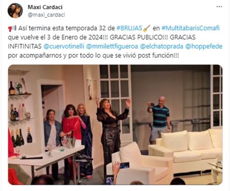 El tweet de Maxi Cardaci sobre Marcelo Tinelli y MIlett Figeuroa en la despedida de Brujas (Twitter @maxi_cardaci)