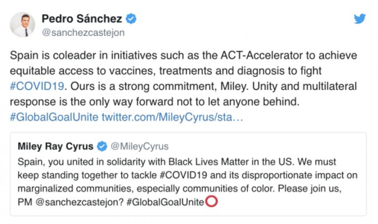 El tweet de Miley Cyrus al Gobierno de España, ¡que Pedro Sánchez contestó!: "Nuestro compromiso es fuerte, Miley"