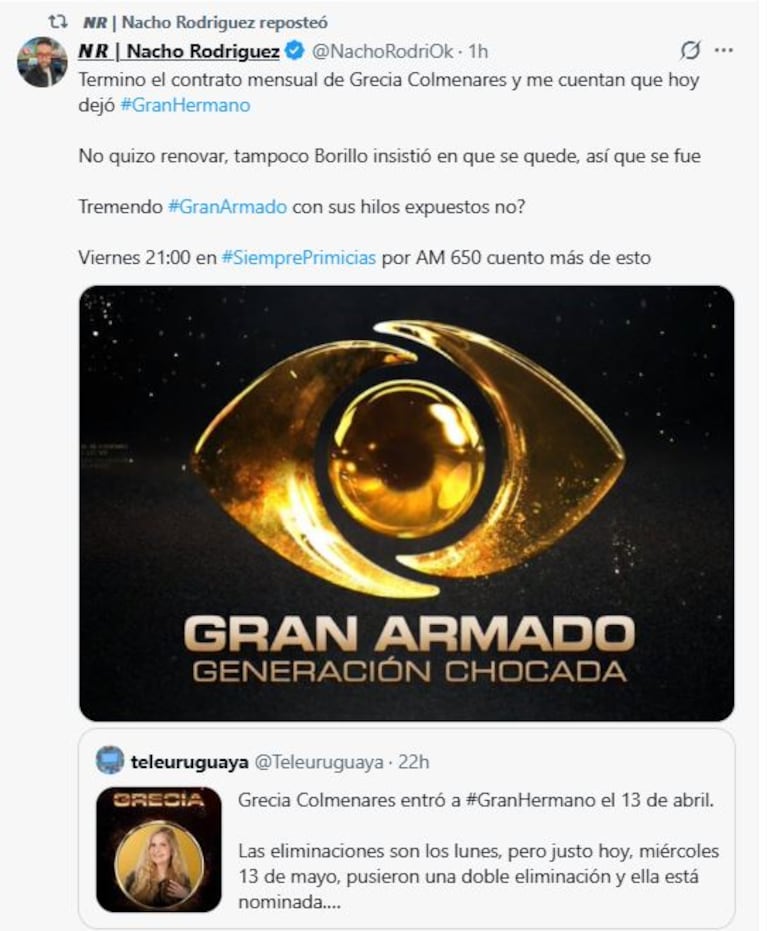 El tweet de Nacho Rodríguez sobre la eliminación de Grecia Colmenares (Foto: X.com / @NachoRodriOk)