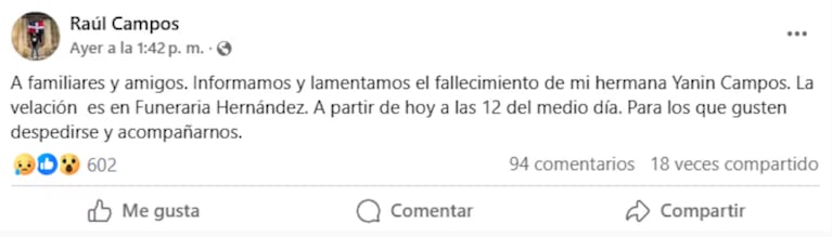 El tweet de Raúl Campos, hermano de Yanin, la ex MasterChef que falleció en un accidente de tránsito (Foto: X).