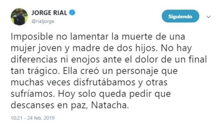 El tweet de Rial tras la muerte de Natacha Jaitt: "No hay diferencias ni enojos ante el dolor de un final tan trágico"