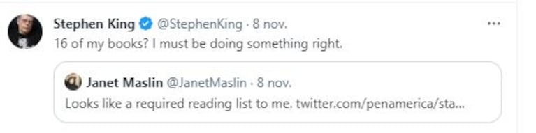 El tweet de Stephen King sobre la prohibición de sus libros (Foto: Twitter)