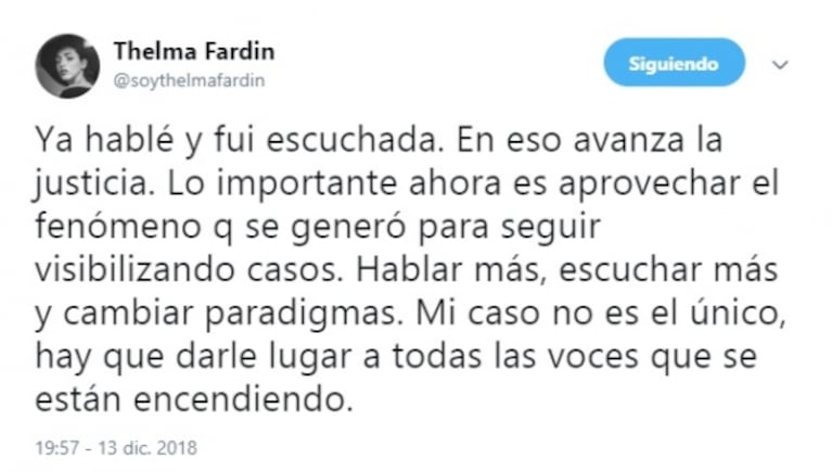 El tweet de Thelma Fardin tras las declaraciones de Darthés en televisión: "Ya hablé y fui escuchada"