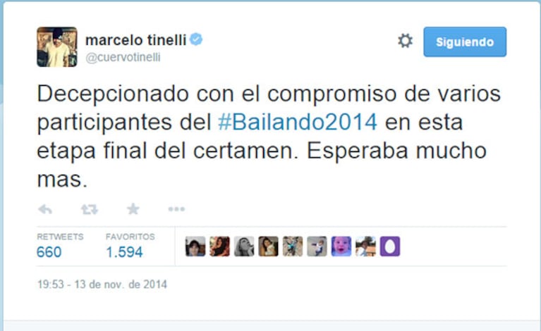 El tweet de Tinelli, molesto con la actitud de los finalistas del Bailando (Fotos: Web). 