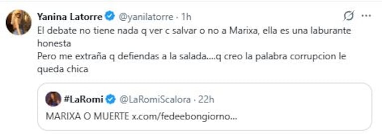 El tweet de Yanina Latorre contra Romina Scalora (Foto: X @yanilatorre)