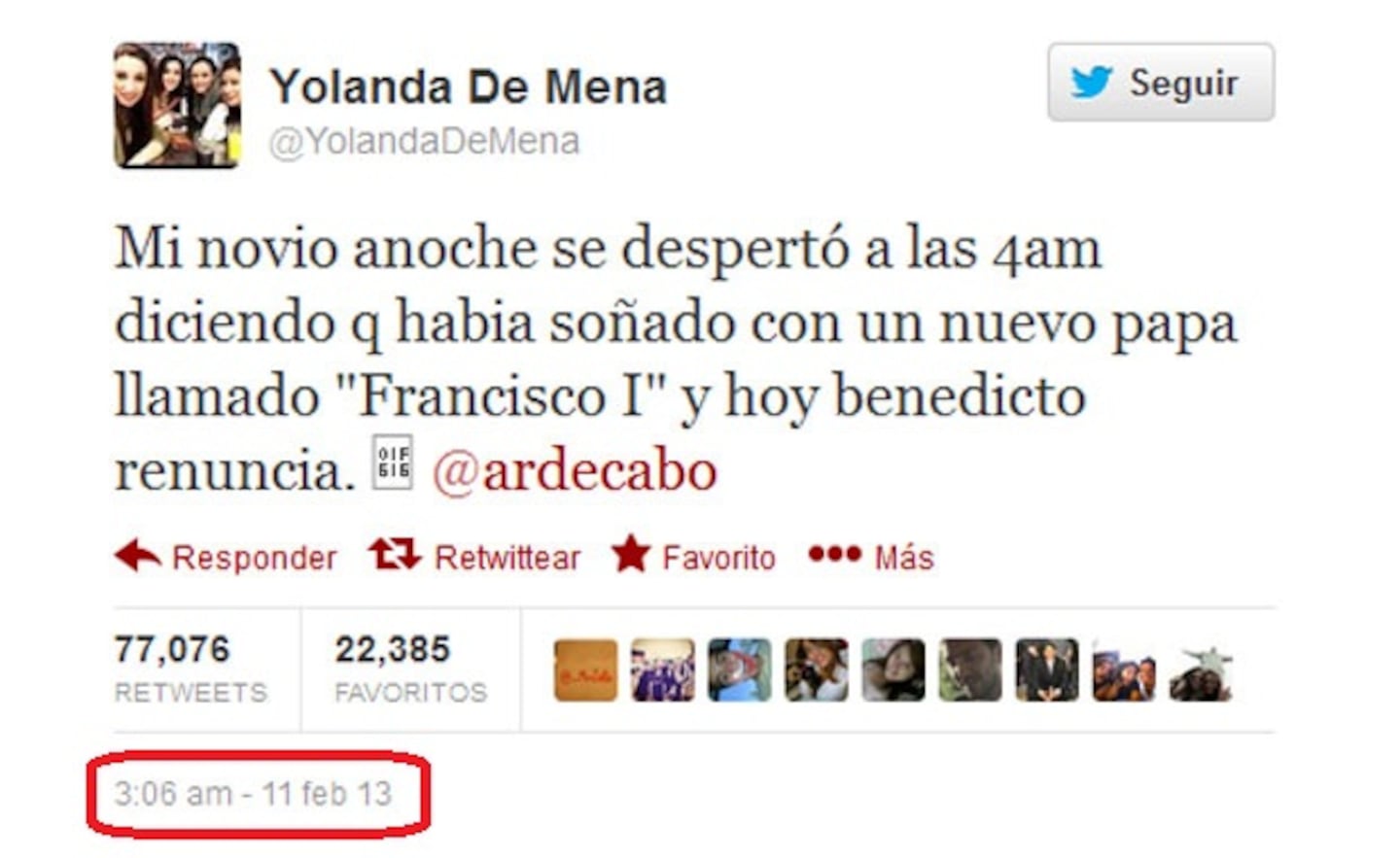 El tweet de @YolandaDeMena, escrito el 11 de febrero, sobre el sueño de su novio.