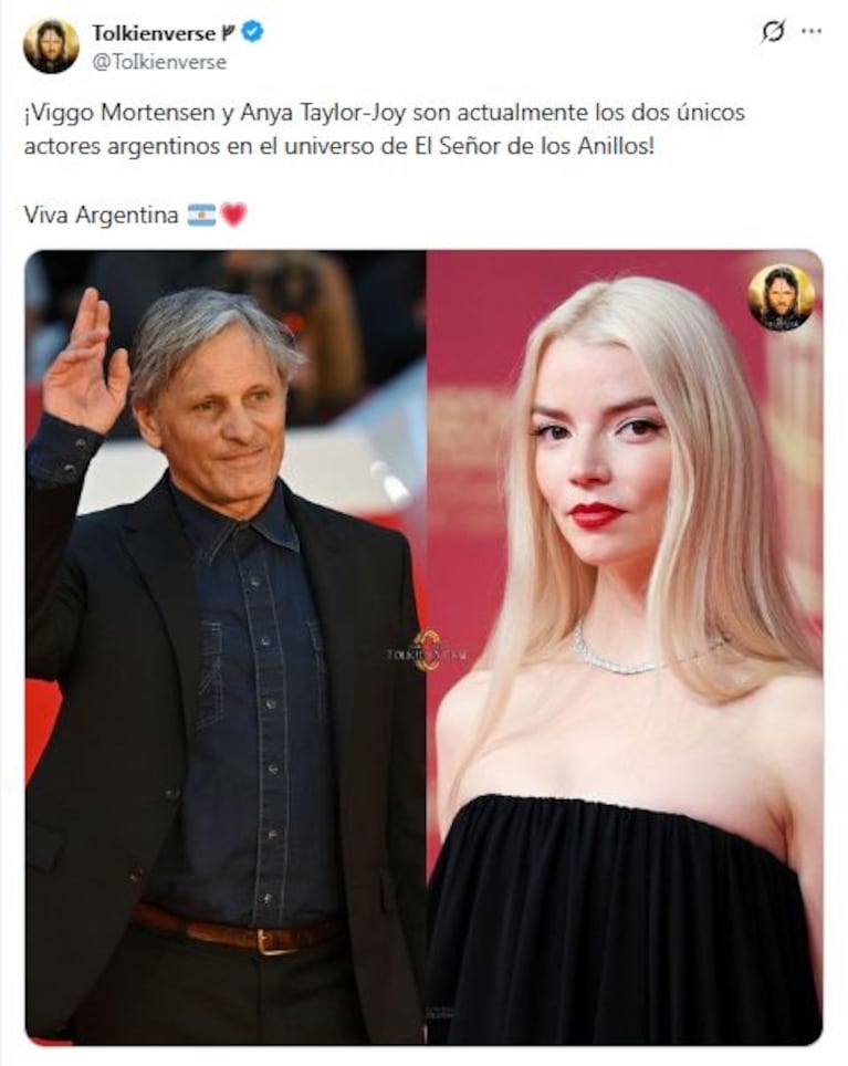 El tweet que relacionó a Anya Taylor-Joy con Viggo Mortensen por El Señor de los Anillos (Foto: X/ @tolkienverse)