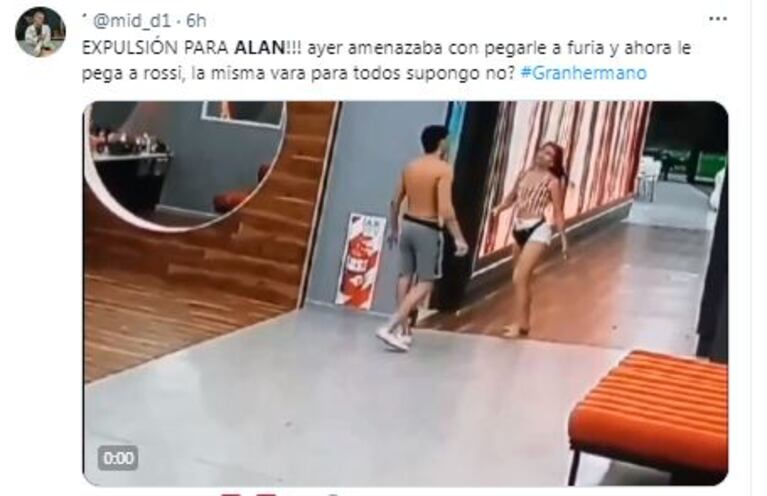 El tweet sobre la spuesta agresión de Alan a Rosina en Gran Hermano (Foto: Twitter / X)