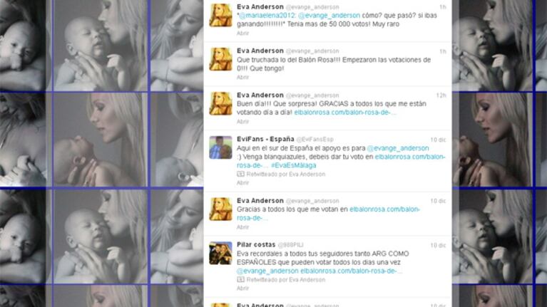 El Twitter de Evangelina Anderson, haciendo RT de sus seguidores, que pedía que votaran por ella. (Captura: @evange_anderson)