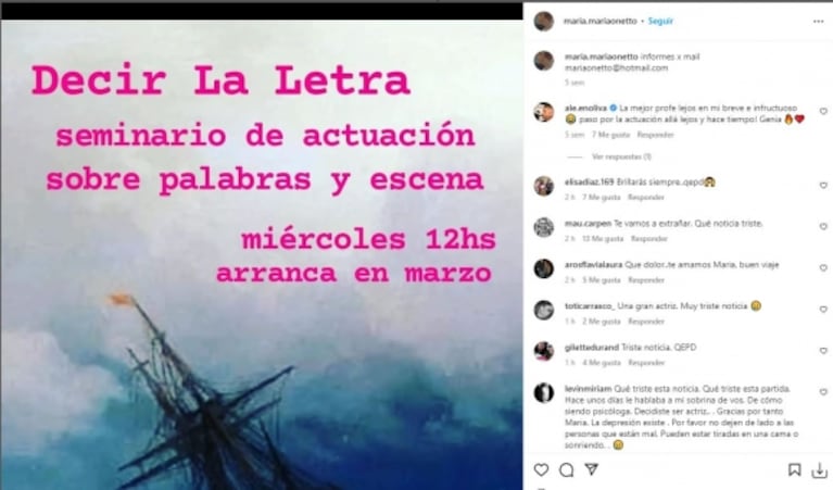 El último posteo de María Onetto en las redes y la despedida de sus seguidores: "Volá alto"