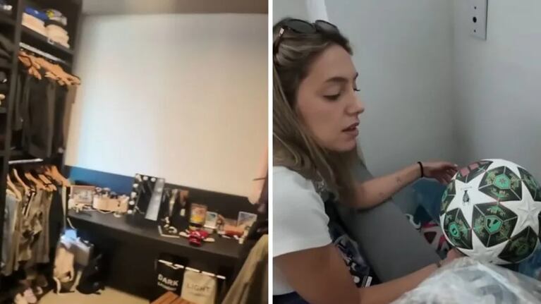 El vestidor con camarín y una de las pelotas que Sofi Martínez guarda como recuerdo de sus coberturas internacionales.
Fuente: Instagram