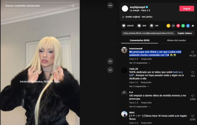 El video de La Joaqui que generó versiones de ruptura con Luck Ra (Foto: captura TiktTok @soylajoaqui)
