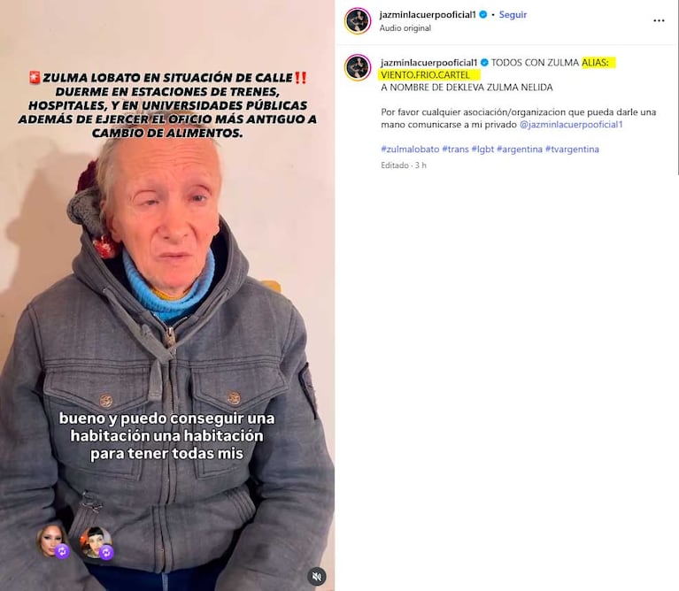 El video de Zulma Lobato pidiendo ayuda que generó una enorme preocupación (Foto: Instagram @jazminlacuerpooficial1)