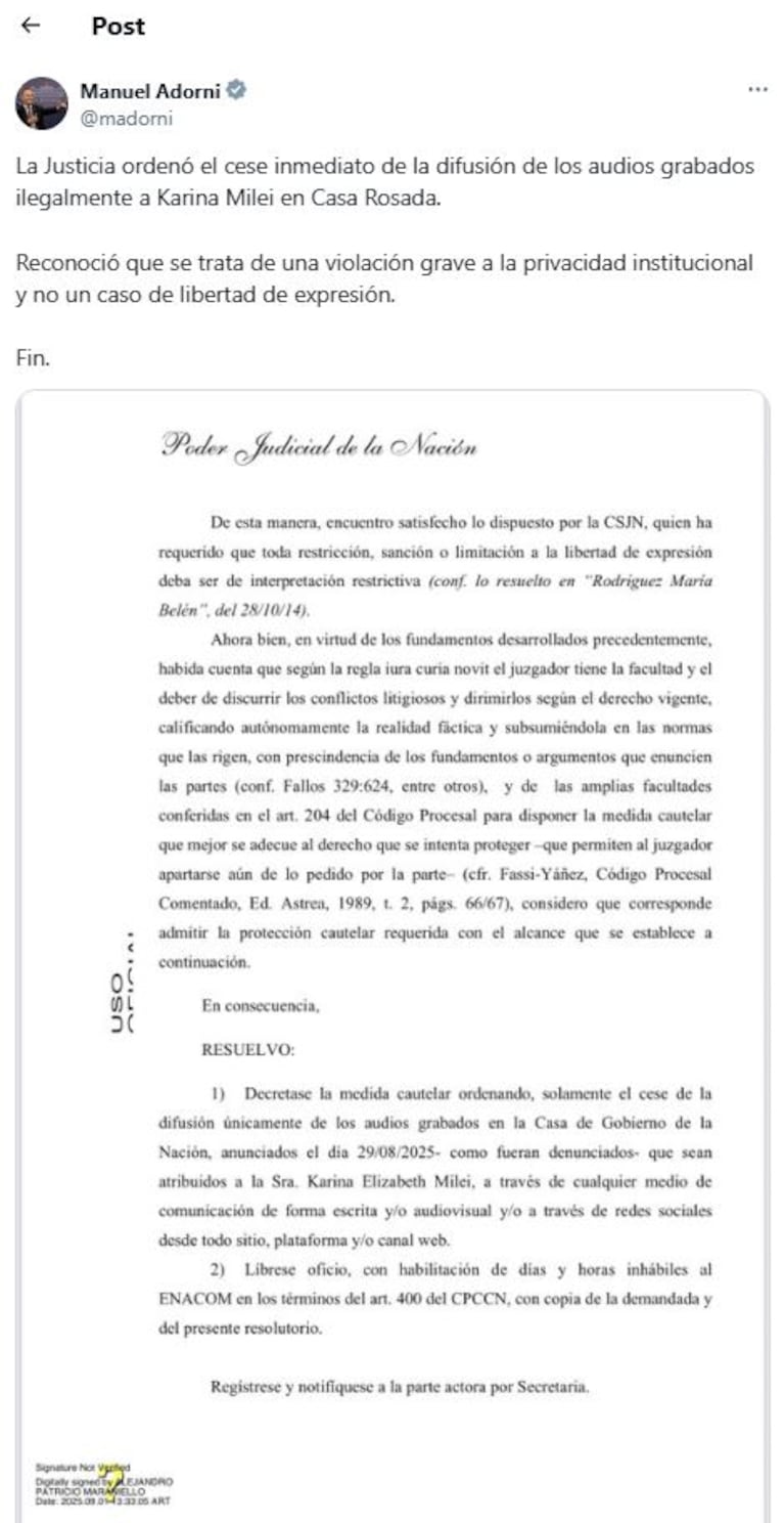 El vocero presidencial Manuel Adorni adelantó las medidas oficiales por el escándalo con Jorge Rial.