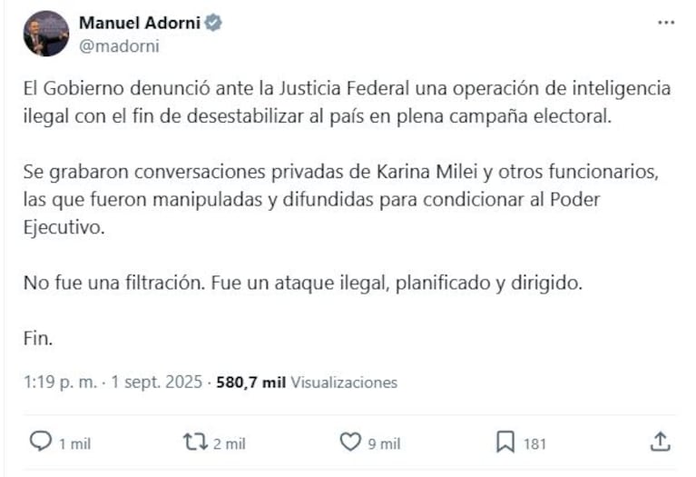El vocero presidencial Manuel Adorni adelantó las medidas oficiales por el escándalo con Jorge Rial.