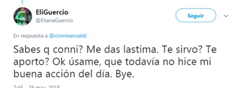 Eliana Guercio y Connie Ansaldi, escandaloso enfrentamiento twittero: "Me das lástima, necesitás ayuda"