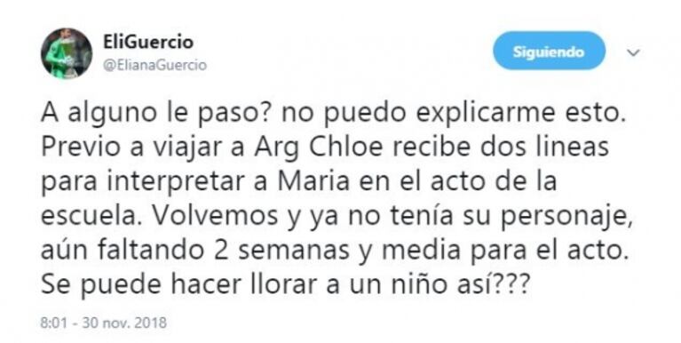 Eliana Guercio y su enojo porque a su hija le quitaron el papel de la Virgen María en una obra del colegio